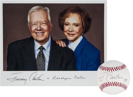Lot of (2) Jimmy Carter Signed Items - Baseball & Color Photo Also Signed By Rosalynn Carter (JSA & Beckett)